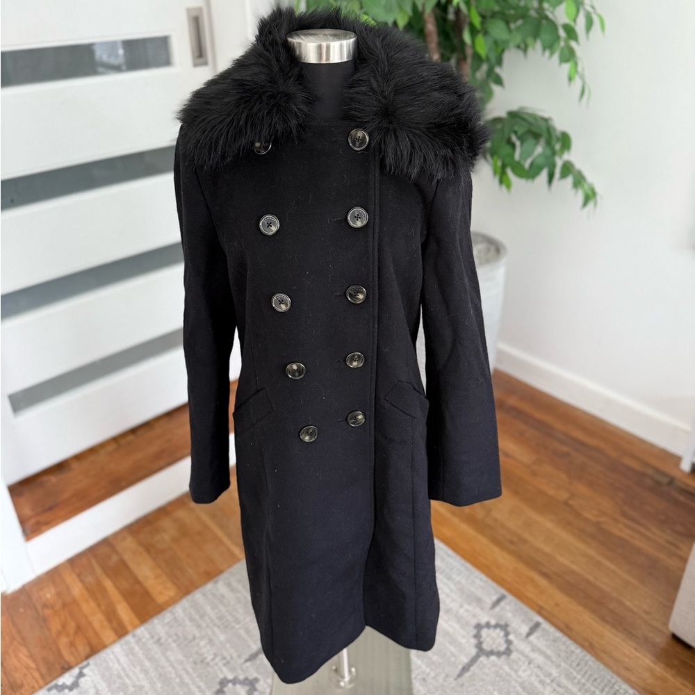 Tahari faux fur trim wool coat SZ M